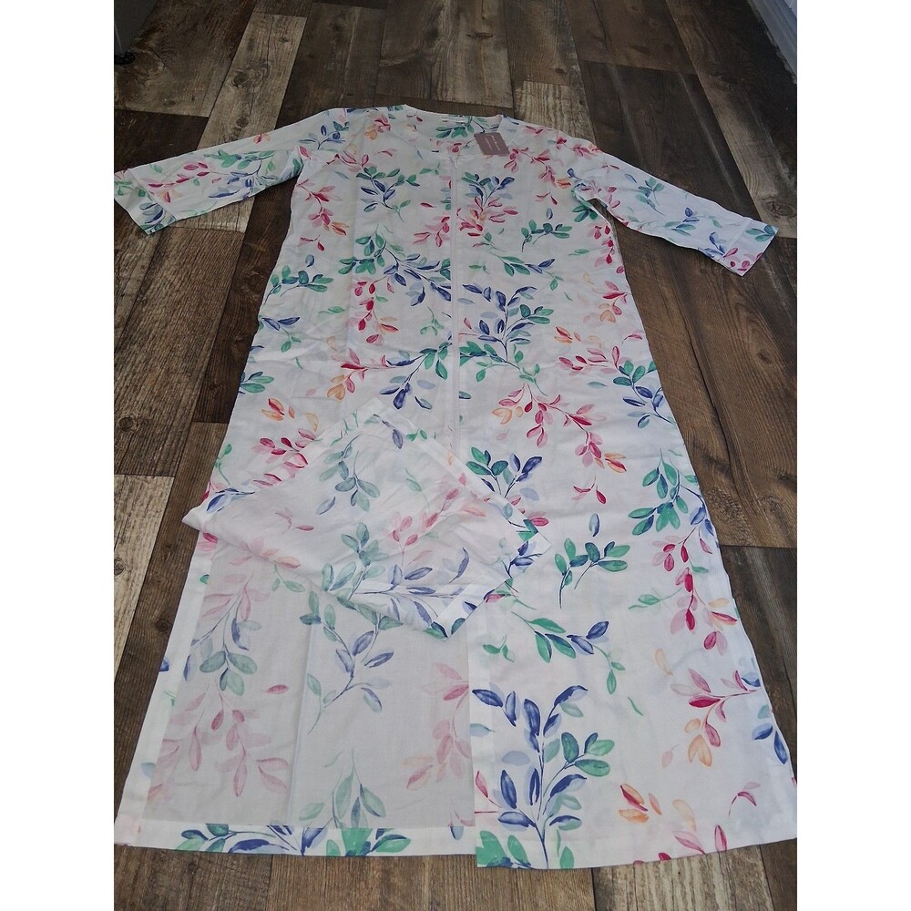 NWT! Women's Miss Elaine Essential Sateen Woven Long Zip Robe, Wtr Clr Leaves, S - Picture 6 of 9